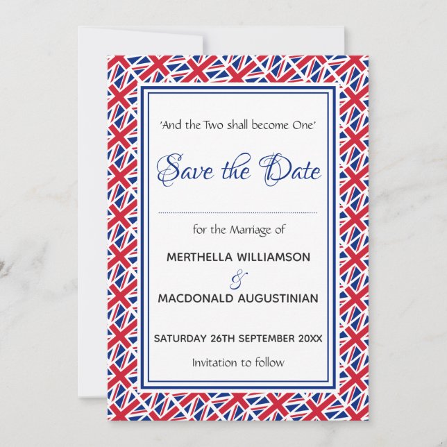 UNION JACK Customised Scripture Stylish UK Save The Date (Front)