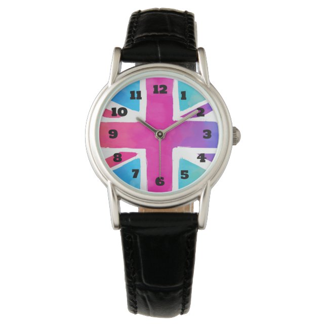 Union Jack Flag in Bright Watercolors Watch (Front)