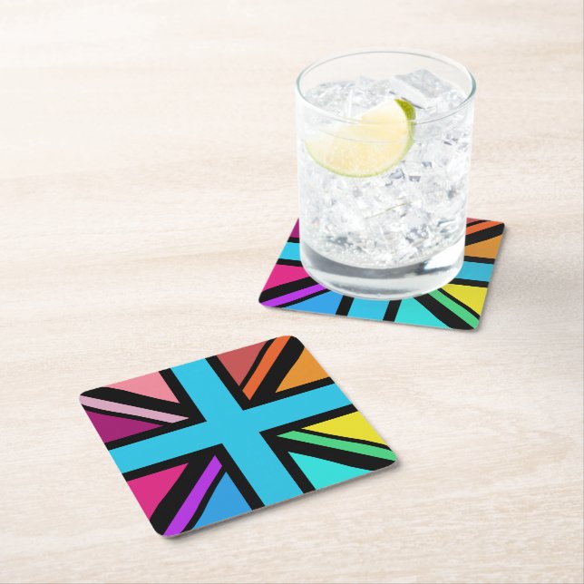 Union Jack/Flag Multicolored+Black Design Square Paper Coaster (Insitu)