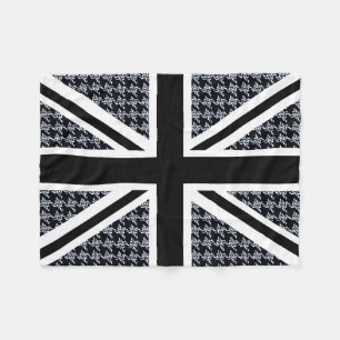 Union Jack Flag on Black and White Houndstooth Fleece Blanket