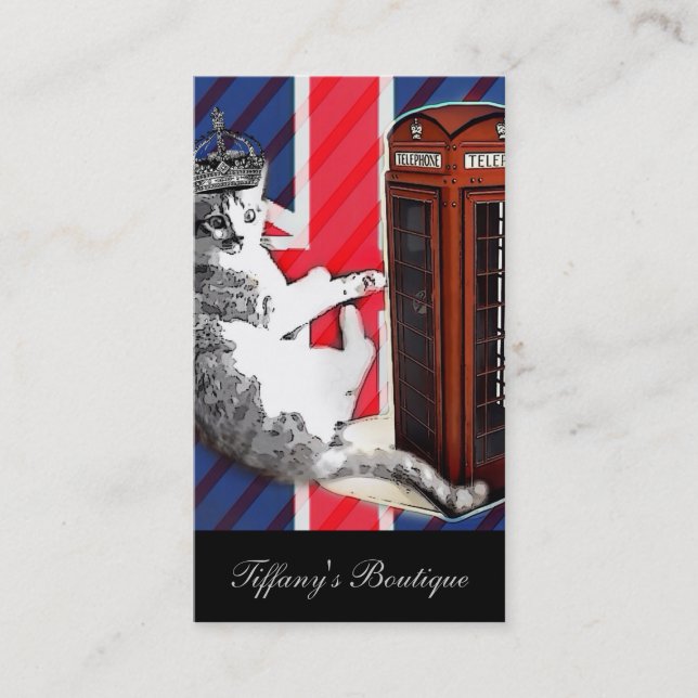union jack flag telephone booth crown kitty cat business card (Front)