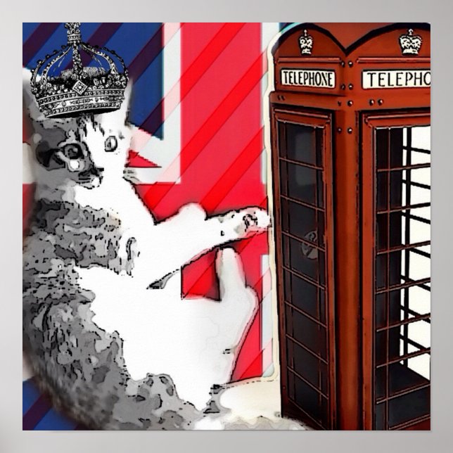 union jack flag telephone booth crown kitty cat poster (Front)