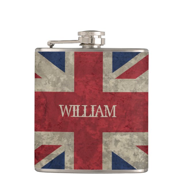 Union Jack | Grunge British Flag Personalised Hip Flask (Front)