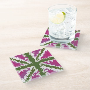 Union Jack Painted UK Art Pink Green Coffee Mats, Glass Coaster