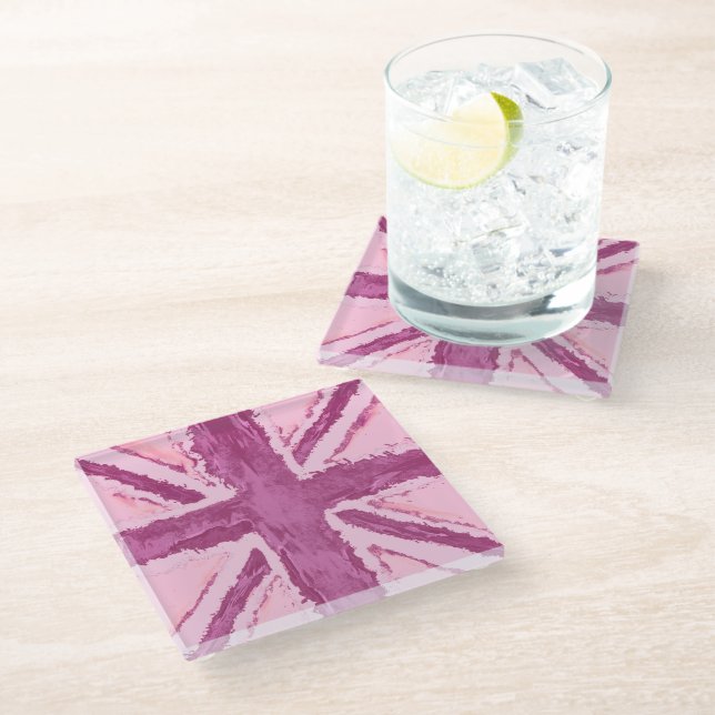 Union Jack Painted UK Art Plum Glass Coaster (Angled)