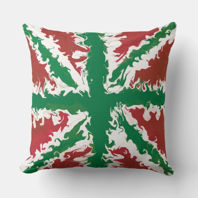 Union Jack Painted UK Art  Red and Green throw Cushion (Front)