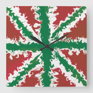 Union Jack Painted UK Art Red and Green Wall Art Square Wall Clock