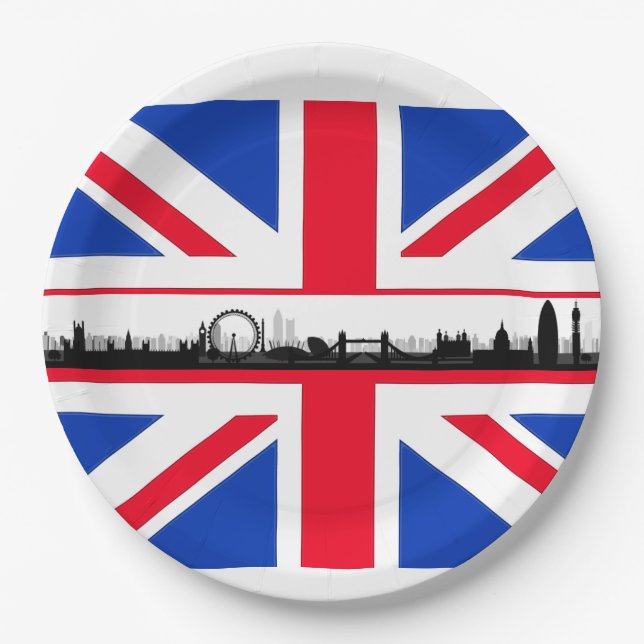 Union Jack Skyline London Theme Party Paper Plates (Front)