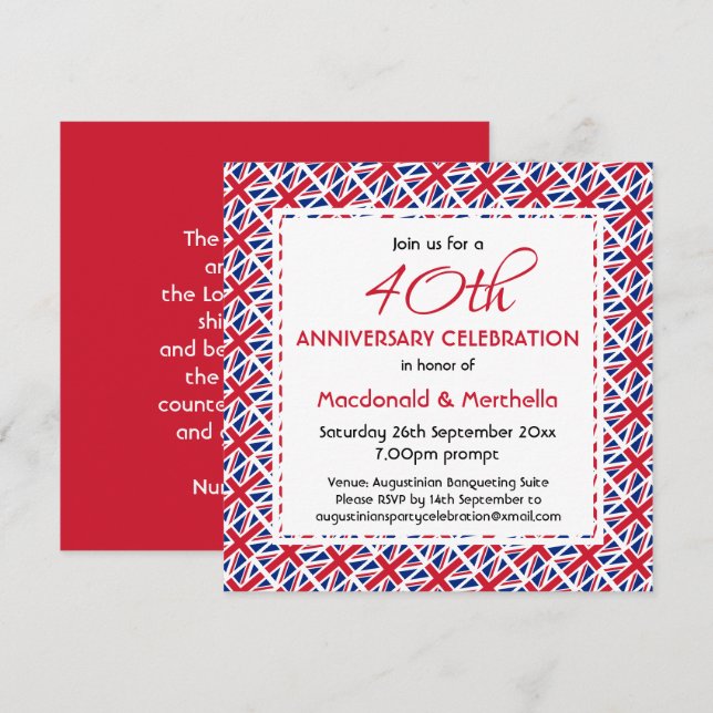 UNION JACK UK FLAG Custom Anniversary Celebration Invitation (Front/Back)