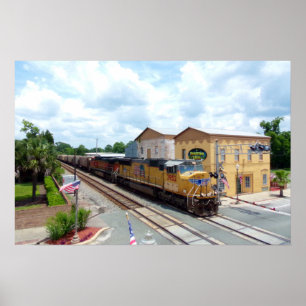Union Pacific Train Engine in a Small Town Poster