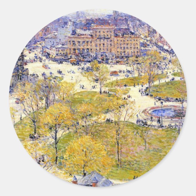 Union Square in Spring by Frederick Childe Hassam Classic Round Sticker (Front)