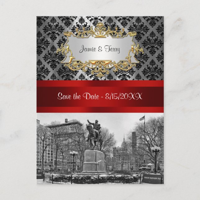 Union Square NYC Black Damask 211 Save the Date Announcement Postcard (Front)