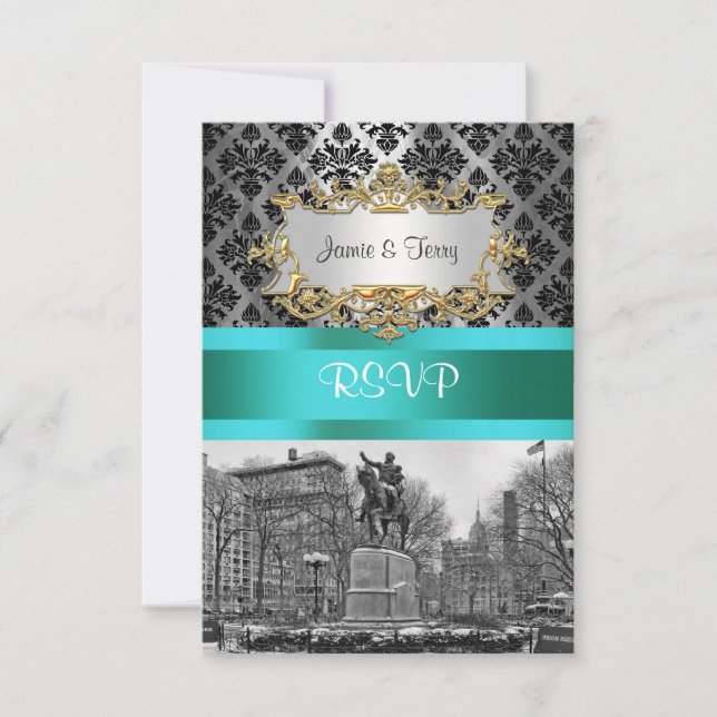 Union Square NYC Black Damask 212 RSVP 1 Card (Front)