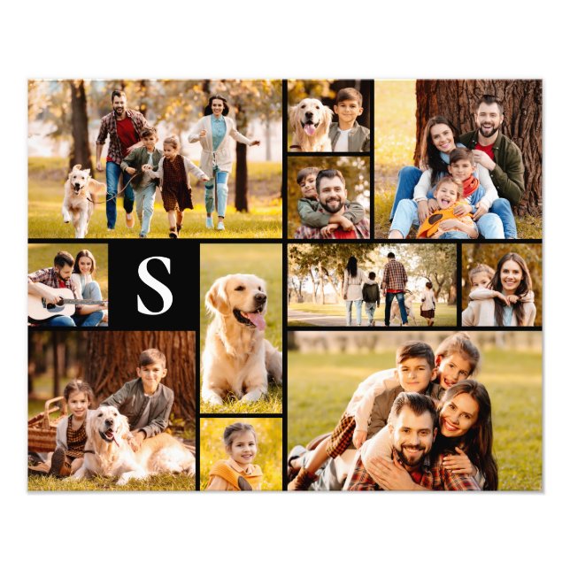 Unique 11 Photo Collage Simple Monogram Black (Front)