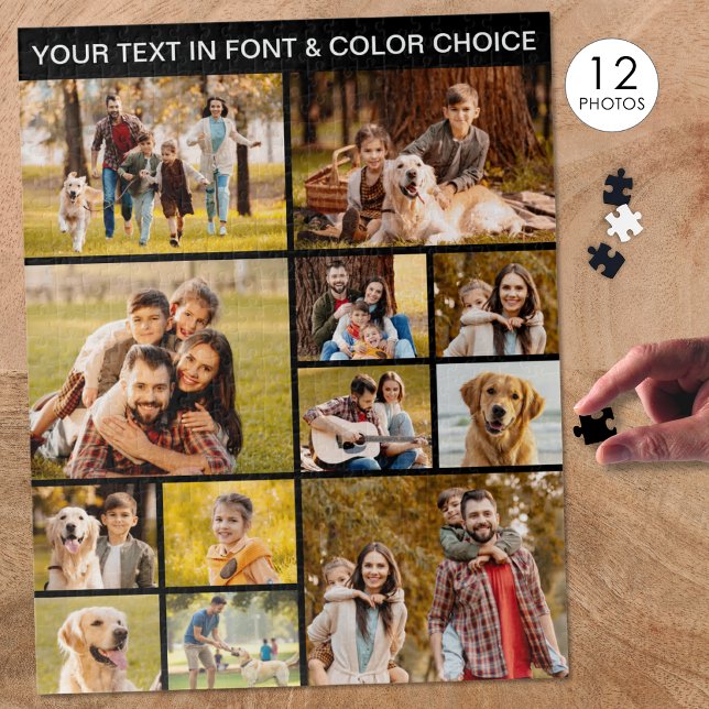 Unique 12 Photo Collage Simple Text Black Jigsaw Puzzle (Creator Uploaded)