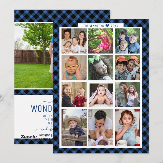 Unique 13 Photo Family Year In Review Blue Plaid Holiday Card (Front/Back)