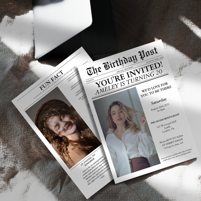 Unique 20th Birthday party Newspaper Cover Photo Invitation (Creator Uploaded)