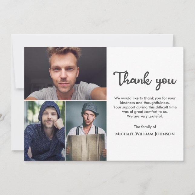 Unique 3 Photo Collage Mourning Funeral Memorial Thank You Card (Front)