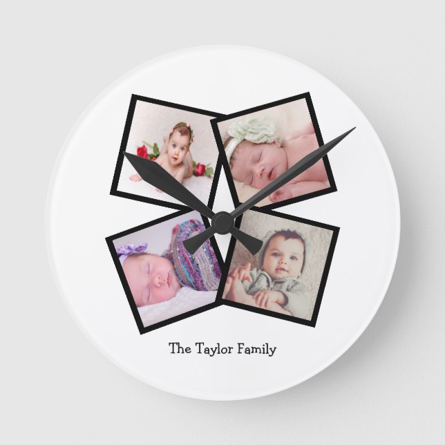 Unique 4 Photo Collage Personalised Round Clock (Front)