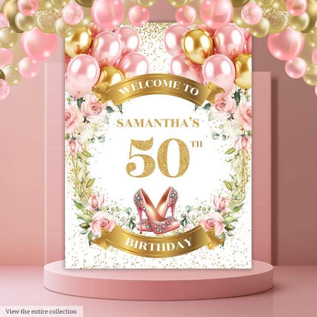 Unique 50th Birthday Floral Gold Glitter Backdrop Tapestry (Unique 50th Birthday Floral Gold Glitter Backdrop)