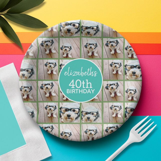 Unique 6 Photo Collage - Happy Birthday Blue Green Paper Plate (Personalized birthday party plate with custom name and photo collage)
