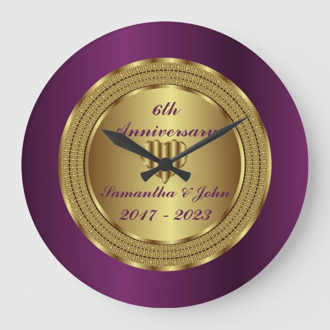 Unique 6th Purple And Gold Wedding Anniversary Large Clock (Front)