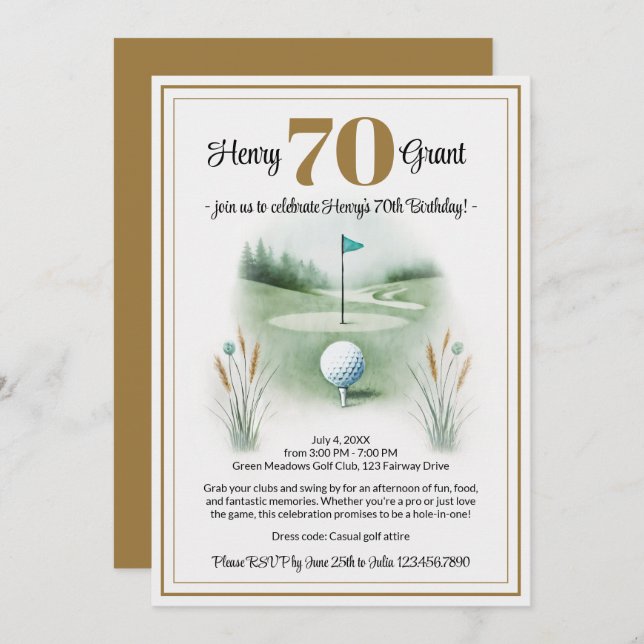 Unique 70th Birthday Invitations - Golf Theme (Front/Back)