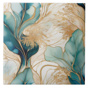 Unique Abstract Alcohol Ink With Golden Boundaries Tile