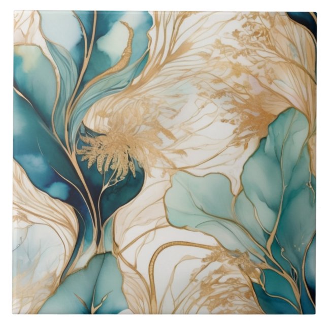 Unique Abstract Alcohol Ink With Golden Boundaries Tile (Front)