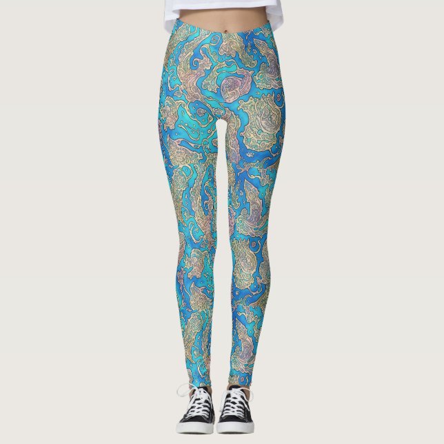 Unique Abstract Blue Turquoise Marine Sea Waves Leggings (Front)