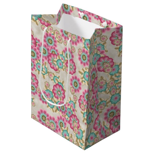 Unique Abstract Japanese Flowers Art Pattern Medium Gift Bag (Front Angled)