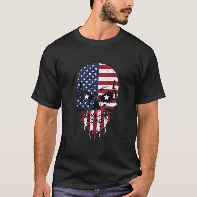 Unique American Flag Split Skull T-Shirt (Front)
