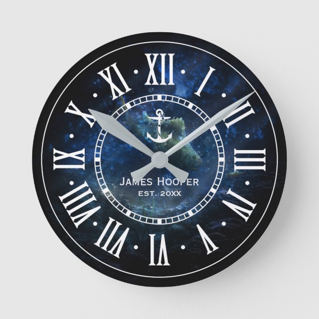 Unique anchor with name and date | Nautical Gifts Round Clock (Front)