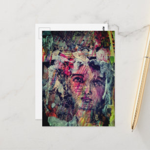 Unique and colorful vintage face mixed media postcard