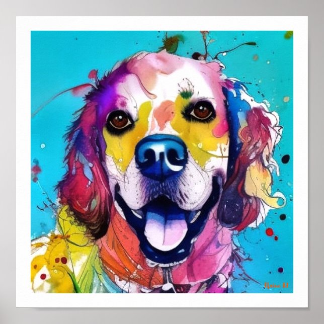 Unique and Colourful Golden Retriever Splash Art Poster (Front)