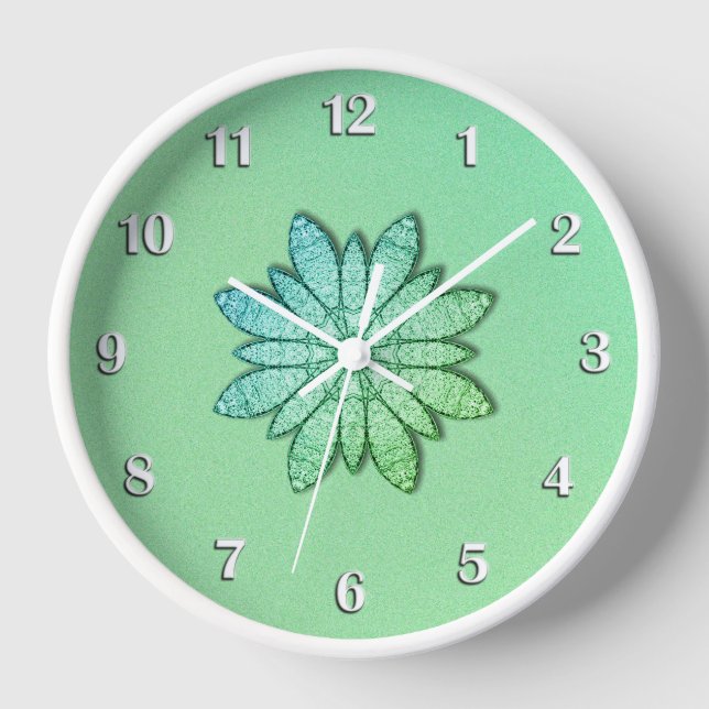 Unique and Pretty Green Flower w/ White Numbers Clock (Front)