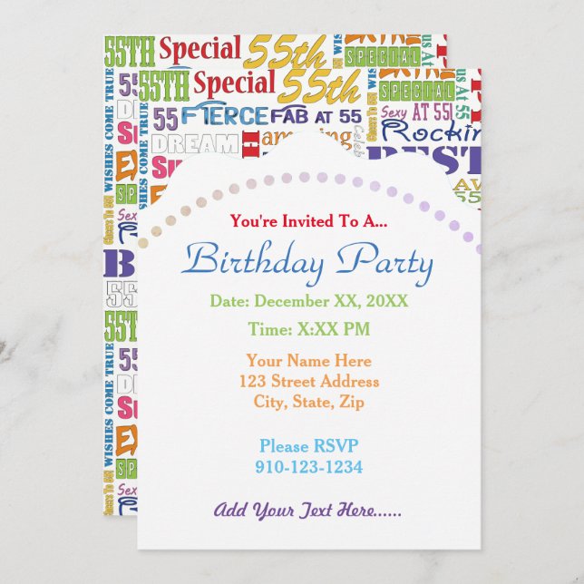 Unique And Special 55th Birthday Party Gifts Invitation (Front/Back)