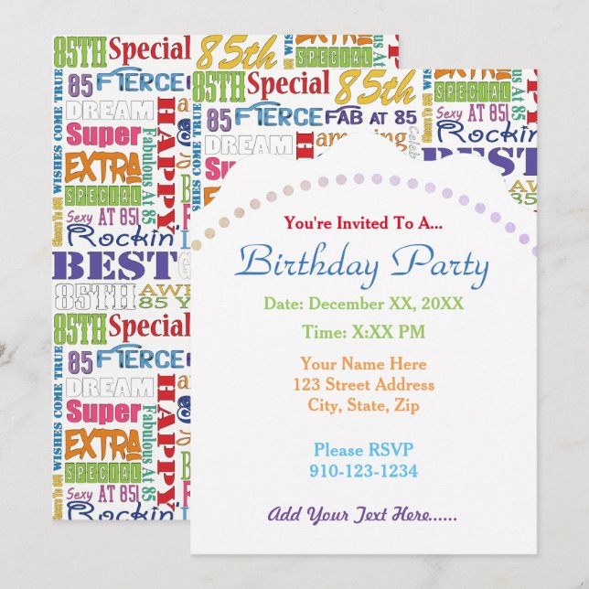 Unique And Special 85th Birthday Party Gifts Invitation (Front/Back)