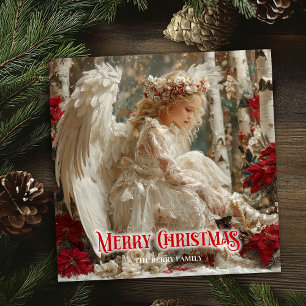 Unique angelic angel red gold festive beautiful   holiday card