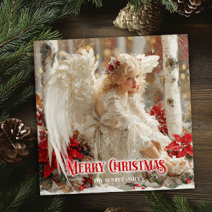 Unique angelic angel red gold festive radiation  holiday card