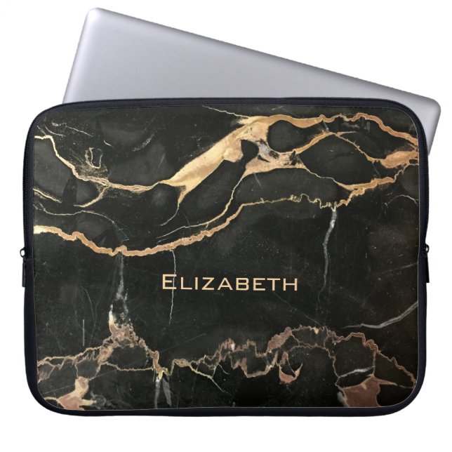 Unique Antique Black Marble and Name Laptop Sleeve (Front)