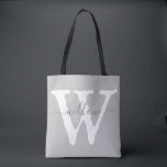 Unique Antique Monogram White Grey Typography Tote Bag<br><div class="desc">This stylish neutral grey and white tote bag features a modern style script signature overlay on an antique English vintage typography initial. This style is distressed and irregular,  giving it a rustic old style earthy character. A blend of antique and modern typography to create a unique monogram style.</div>