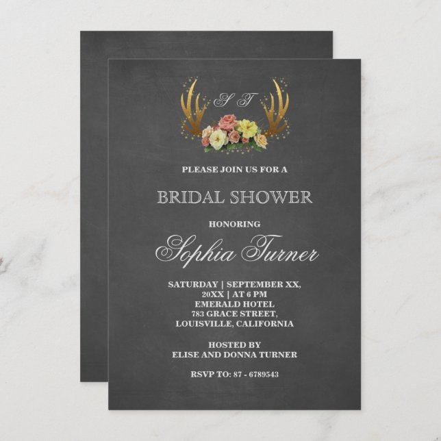 Unique Antlers Floral Chalkboard Bridal Shower Invitation (Front/Back)