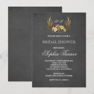 Unique Antlers Floral Chalkboard Bridal Shower Invitation