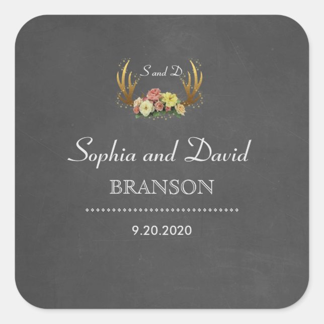 Unique Antlers Floral Chalkboard Wedding Monogram Square Sticker (Front)