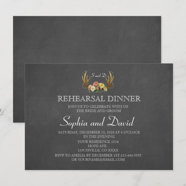Unique Antlers Floral Wedding REHEARSAL DINNER Invitation (Front/Back)
