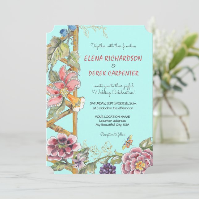 Unique Aqua Floral Chinoiserie Garden Wedding Invitation (Standing Front)