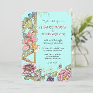 Unique Aqua Floral Chinoiserie Garden Wedding Invitation