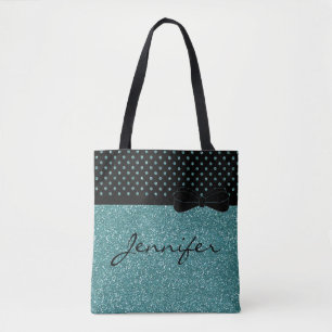 Unique Aqua Glitter Black Polka Dots Personalised Tote Bag