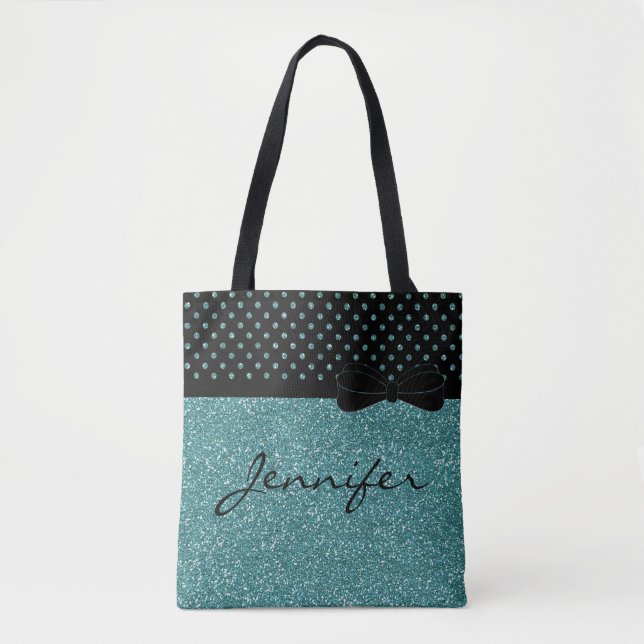 Unique Aqua Glitter Black Polka Dots Personalised Tote Bag (Front)